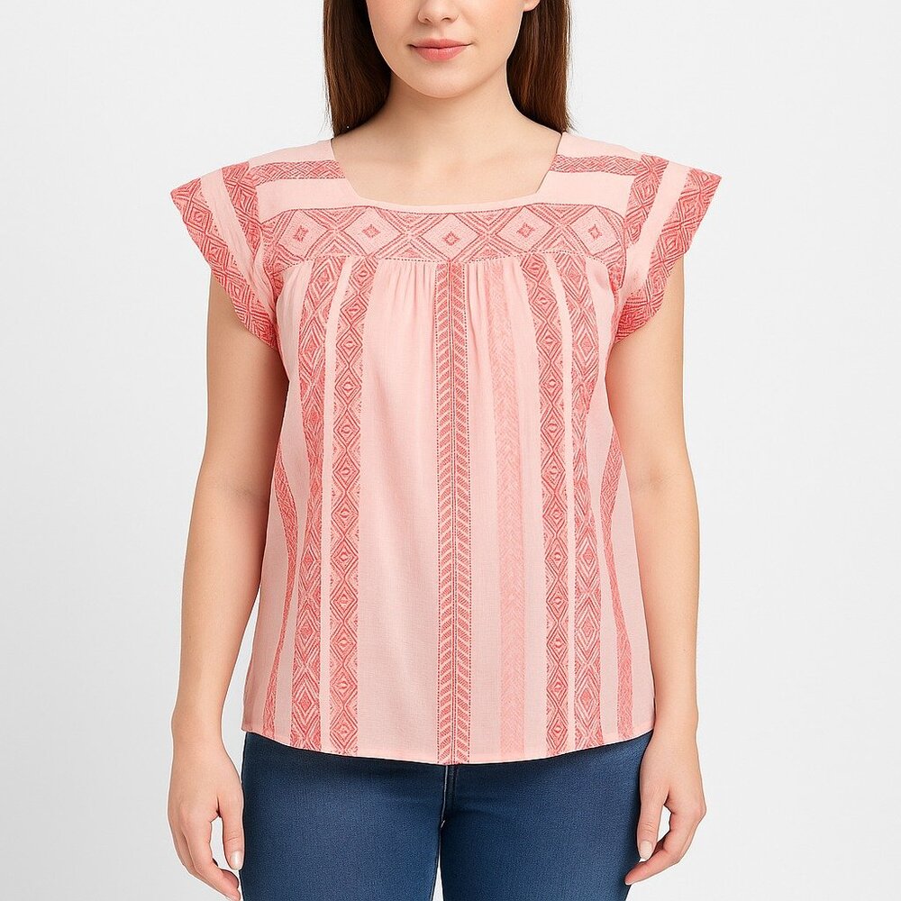 LoveStitch Pink Striped Boho Top Size S Pleated Front Cap Sleeve
